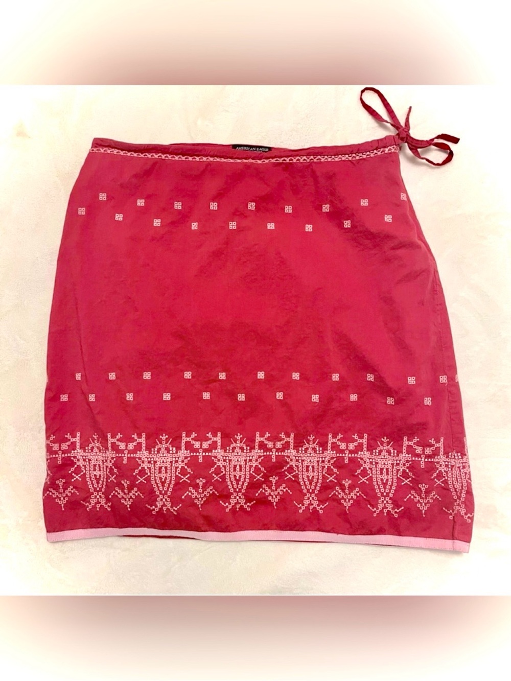 Low Rise Grunge Embroidered Cherry Red Cotton Lined Side Zip Midi Skirt Vintage